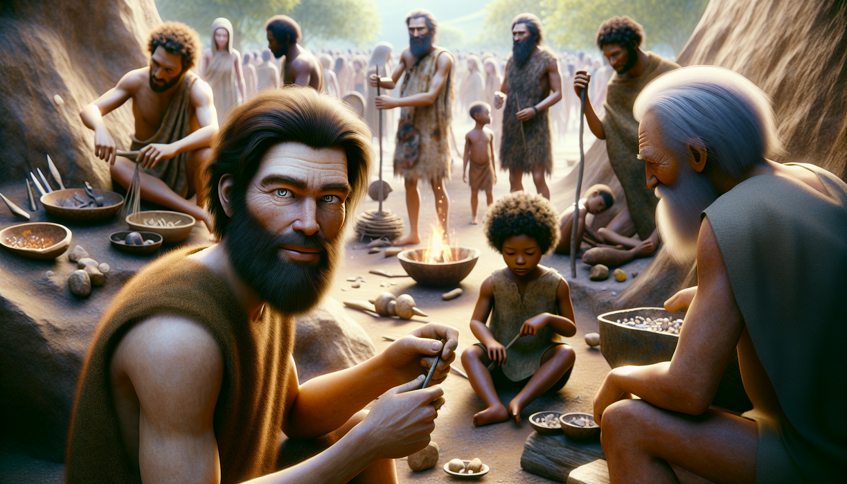 alt_text: Illustration of early humans in a prehistoric setting, showcasing tools and daily activities.