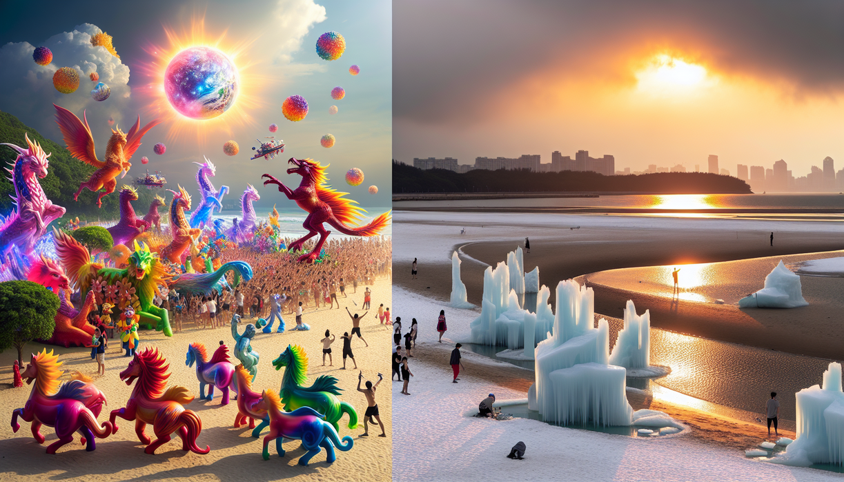 alt_text: Vibrant mythical creatures celebrate on a sunlit beach, surrounded by melting ice sculptures.