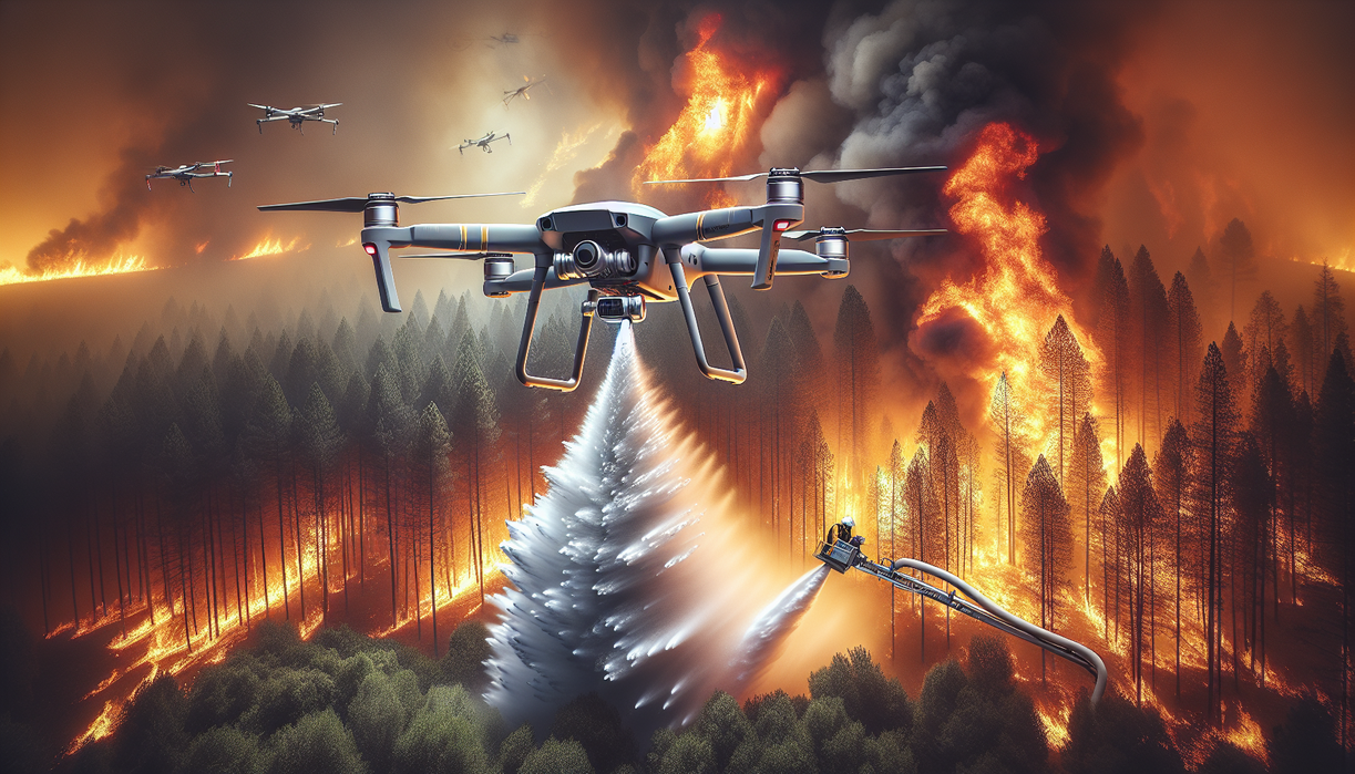 alt_text: A drone combats a wildfire with water, showcasing its potential to suppress fast-spreading fires.