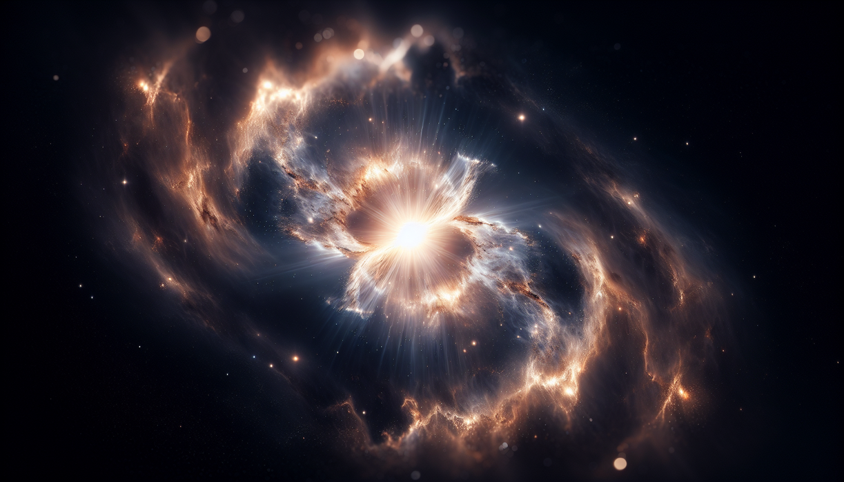 alt_text: Blazar Ton 599 shines brightly, its core flickering with dynamic light patterns in deep space.