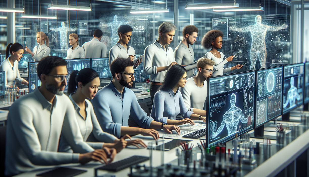 alt_text: Researchers using AI tools in a lab, enhancing data analysis and innovative discoveries.