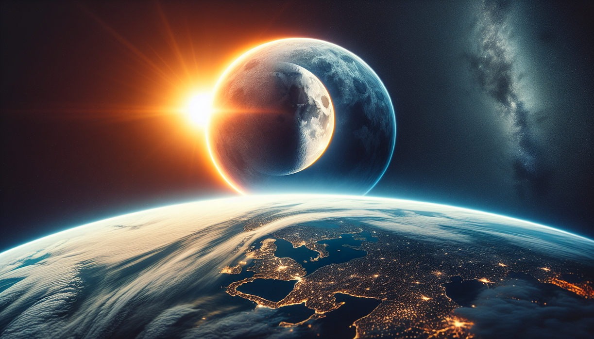 alt_text: An artistic depiction of the Moon and Sun aligning over Earth in 2026.