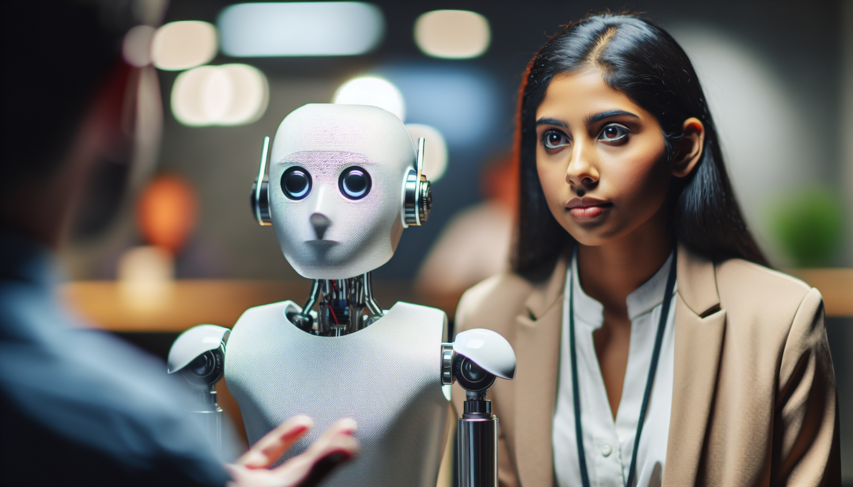 alt_text: Robot interviews a researcher, focusing on teaching machines to interpret sounds.