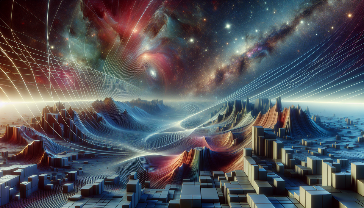 alt_text: Abstract concept of quantum physics and gravity merging in a five-dimensional landscape.