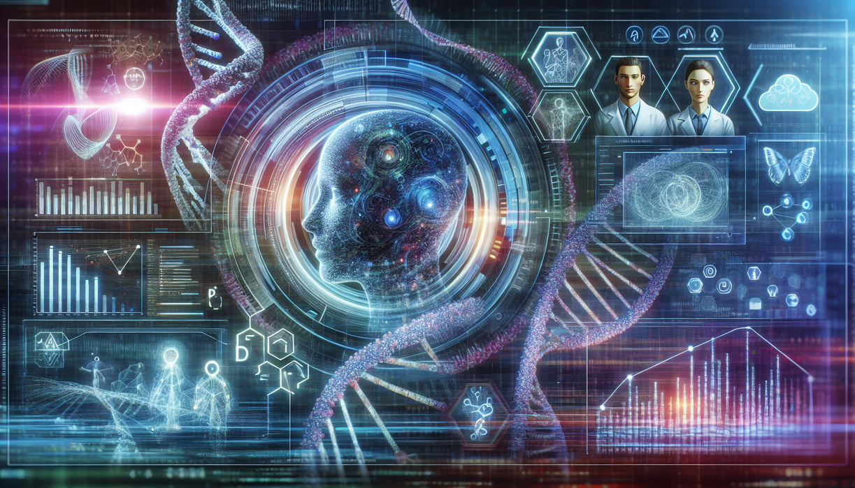 alt_text: Futuristic lab with scientists, AI technology, and digital data visualizations.